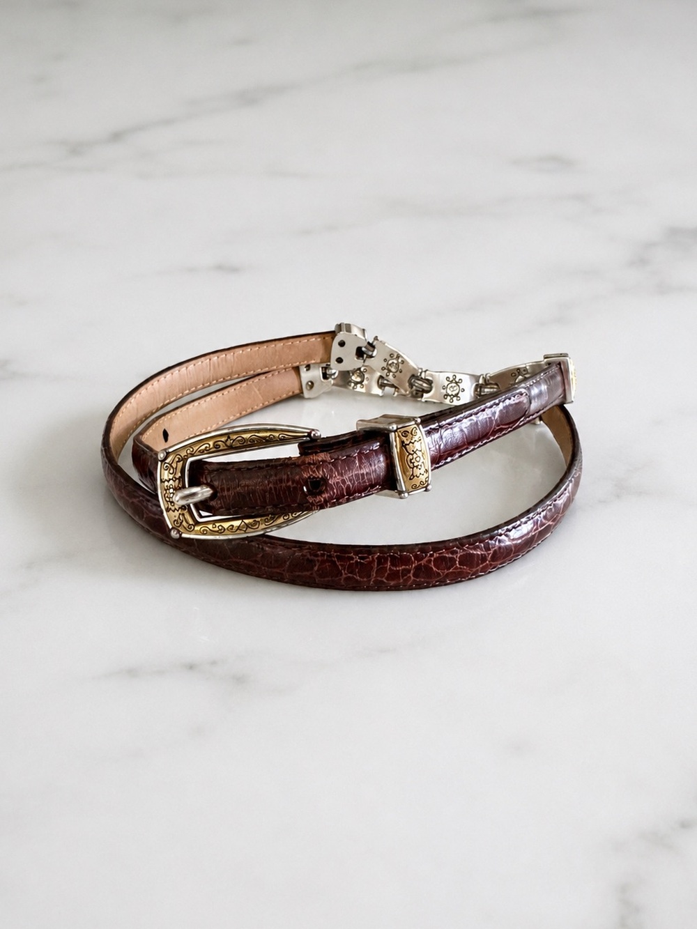 Brighton Western Brown Leather Croc-Embossed Concho Belt, Silver & Gold sz. 32